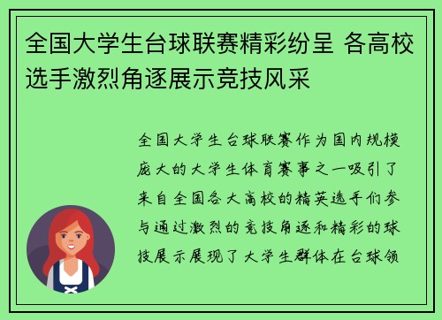 全国大学生台球联赛精彩纷呈 各高校选手激烈角逐展示竞技风采