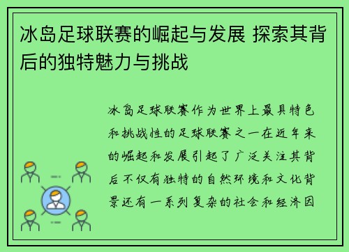 冰岛足球联赛的崛起与发展 探索其背后的独特魅力与挑战