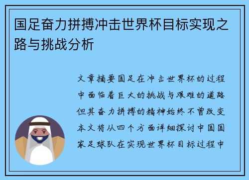 国足奋力拼搏冲击世界杯目标实现之路与挑战分析