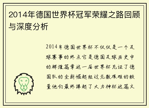 2014年德国世界杯冠军荣耀之路回顾与深度分析